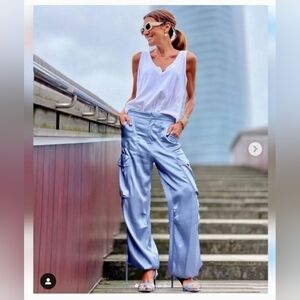 Zara Satin Effect Parachute Pants, Color: Ice Blue, Size: L, NWT